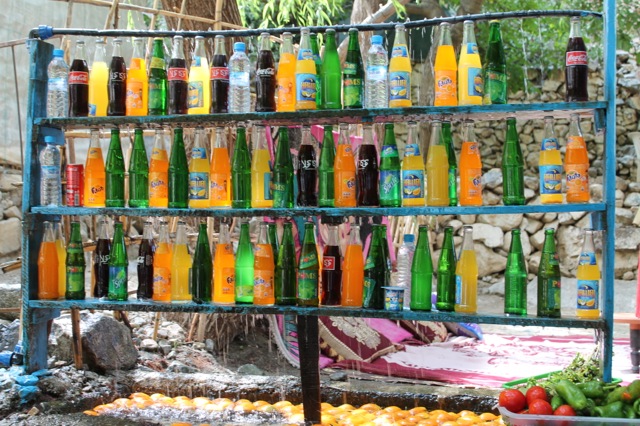 Natural fridge in Marrakech, Morocco - the waterfall pours cold water over the bottles to keep everything cool